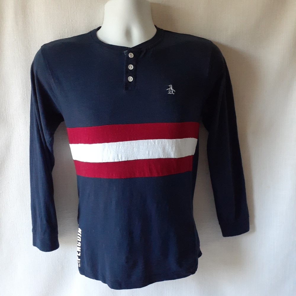 Original Penguin boys Navy striped long-sleeve top size 14-16